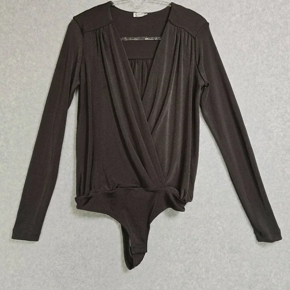 Free People Intimately Size S Chocolate CoquetteDrape Long Sleeve Thong Bodysuit - Picture 1 of 8